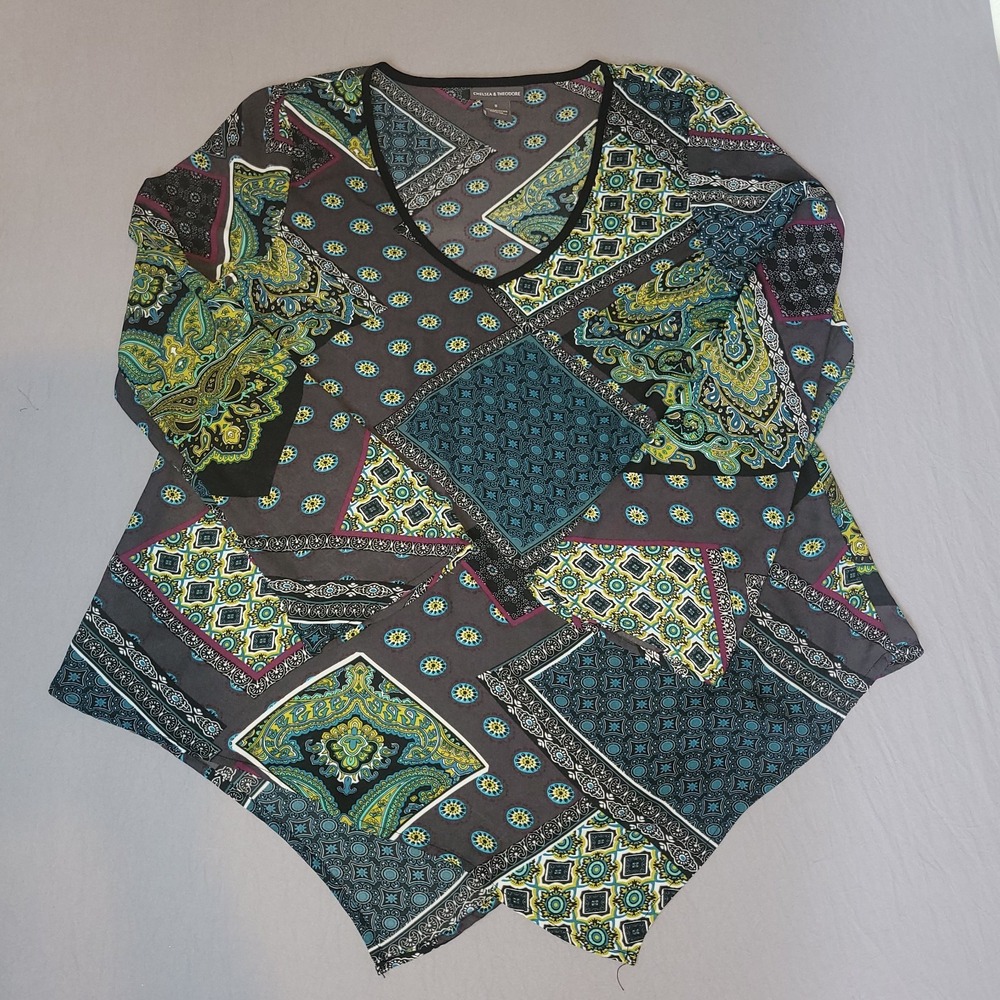 Chelsea Theodore Womens Blouse Multicolor Paisley Long Sleeve V-Neck Size S -EUC - Picture 1 of 5